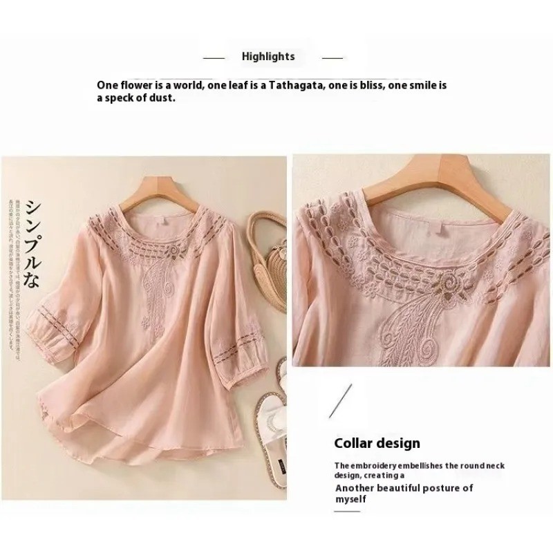 Spring And Summer Loose Artistic Vintage Cotton And Linen Embroidered Shirt