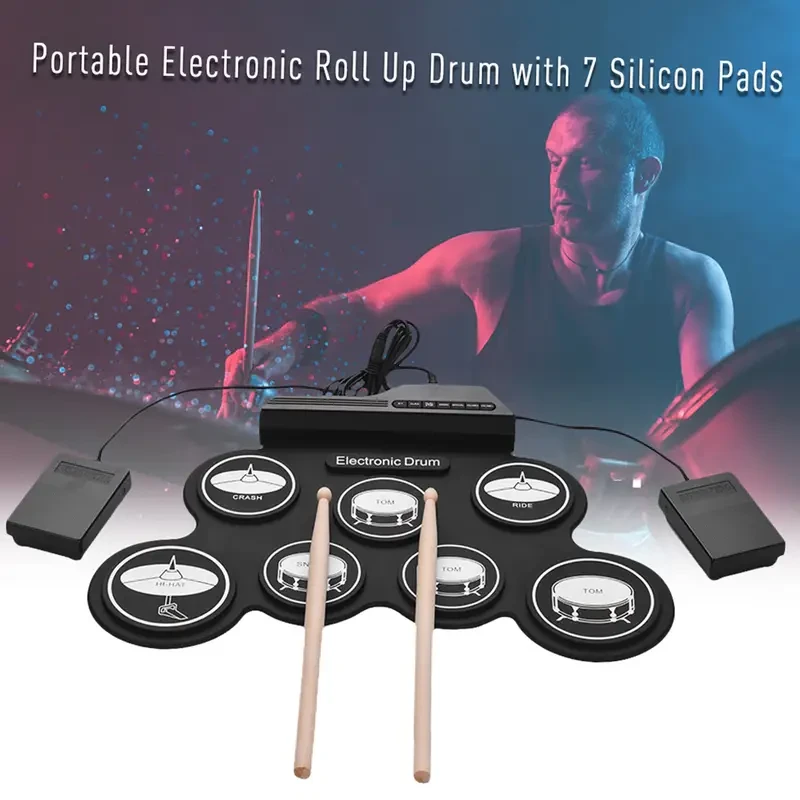 Lixada Compact USB Roll-Up Silicon Drum Set - 7 Drum Pads
