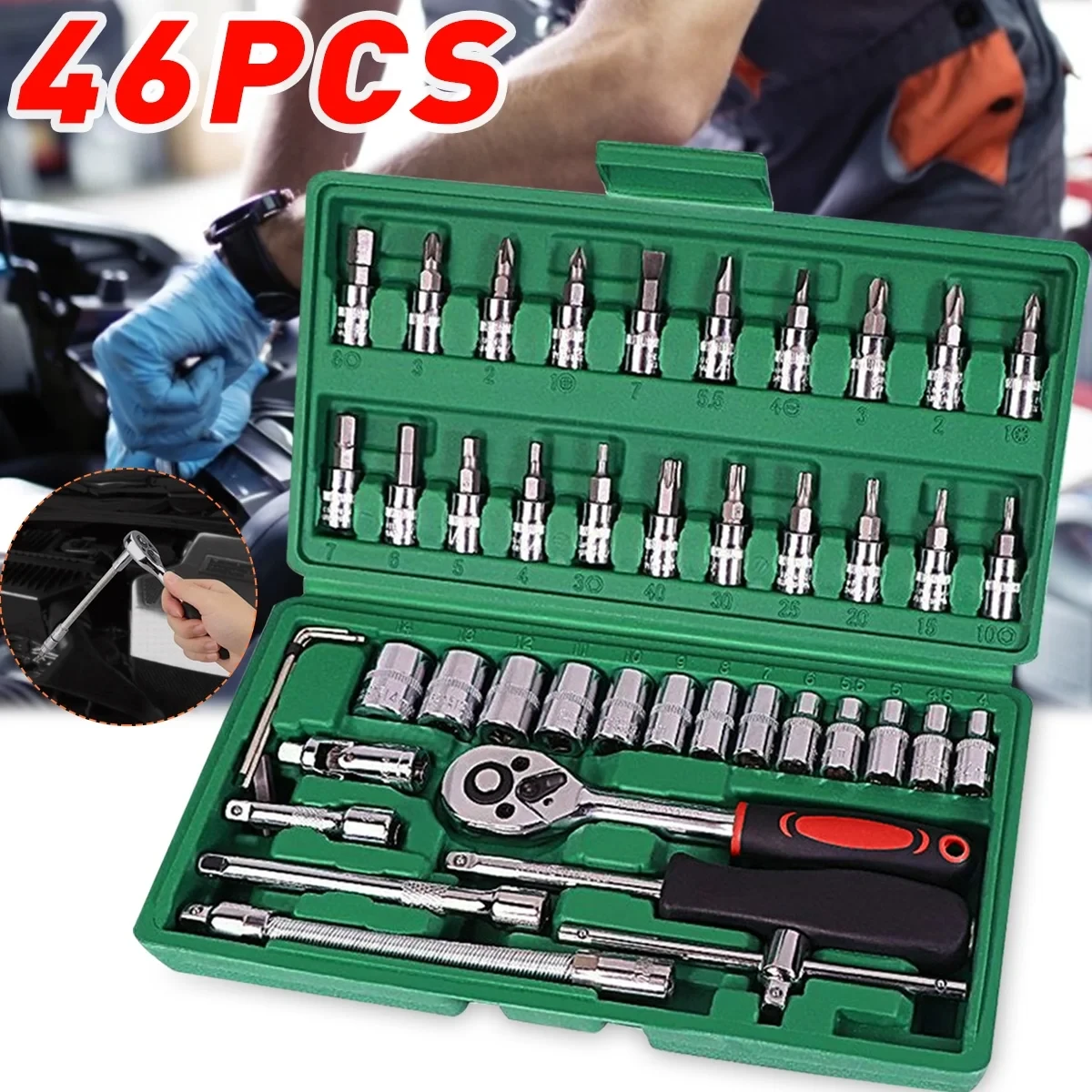 46pcs Car Repair Tool Kit 1/4-Inch Socket Set Car Repair Tool Ratchet Torque Wrench Combo Auto Repairing Set Mechanic Tool