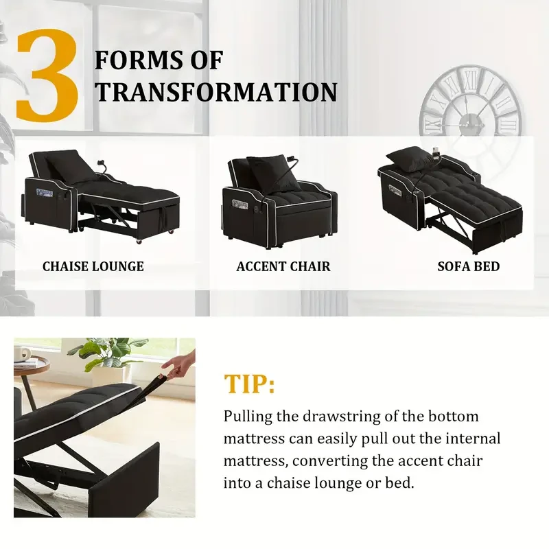 3 in 1 Convertible Sleeper Sofa Chair Bed with Adjustable Backrest, Phone Holder, and USB Type-C - Black