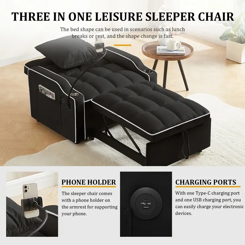 3 in 1 Convertible Sleeper Sofa Chair Bed with Adjustable Backrest, Phone Holder, and USB Type-C - Black
