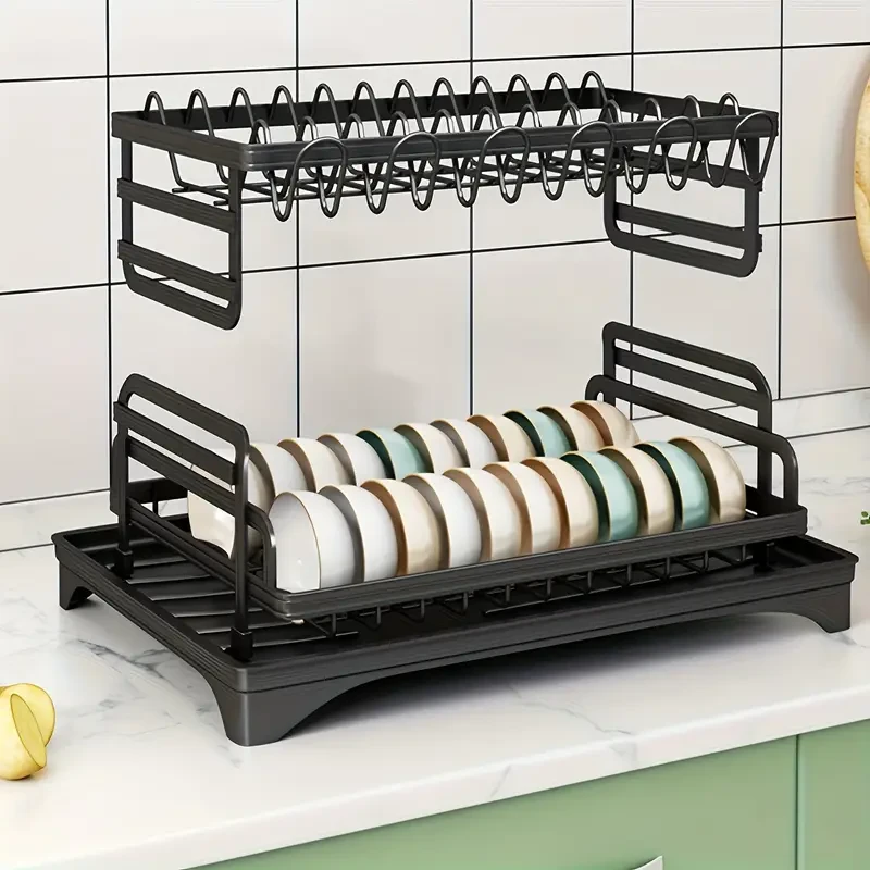 2-Tier Iron Dish Rack with Drainboard and Utensil Holder