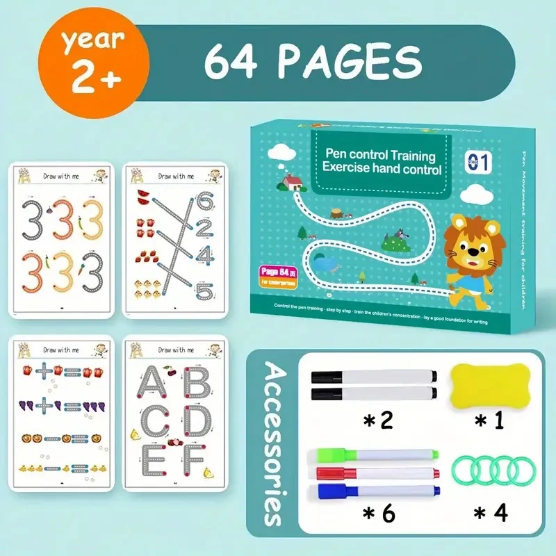 64 pages, 8 pens, set, puzzle painting magic copying book set, suitable for children aged 3-8 - enhance hand-eye coordination, graphic thinking, writing skills, with erasable pens and refills, educational painting and pen control workbooks, early learning