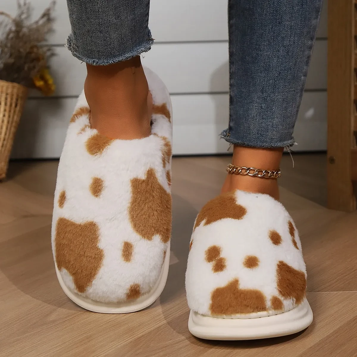 Cute Cow Spotted Plush Slippers