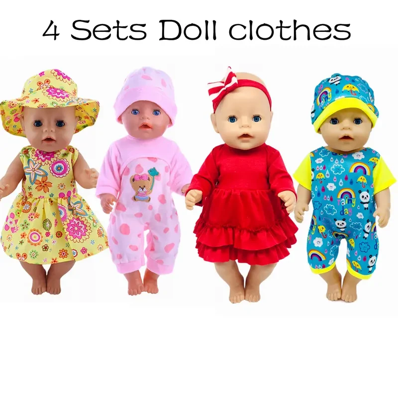 Doll Clothing Set for 38.1-45.72 cm Dolls, 4-Piece Outfit Bundle with Floral Dress, Hat, Pink Pajama, Jumpsuits & Coordinating Headbands - Fits Dolls for Kids Ages 3-6, Perfect Toy Gift Accessories