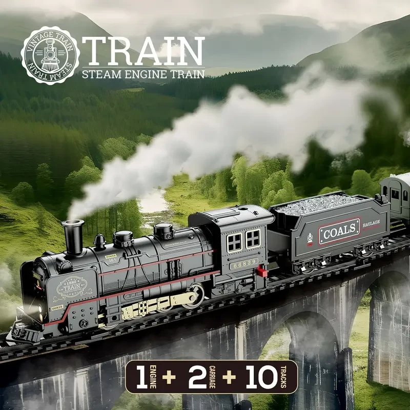 Steam-Powered Electric Train Toy Set - Black ABS Model with Manual Operation
