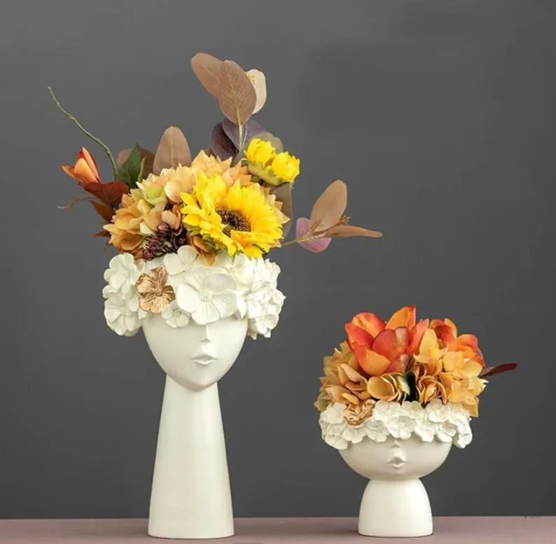 DecorNet Pretty Little Golden and Black Modern Head Vase Set - Elegant Resin Planter Pots for Home Decoration