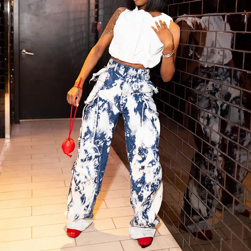 Washed Tie-dye Pocket Stitching High Waist Straight Jeans