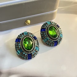 Antique Plain Gold Vintage Popular Colored Glass Rhinestone Inlaid Ear Studs