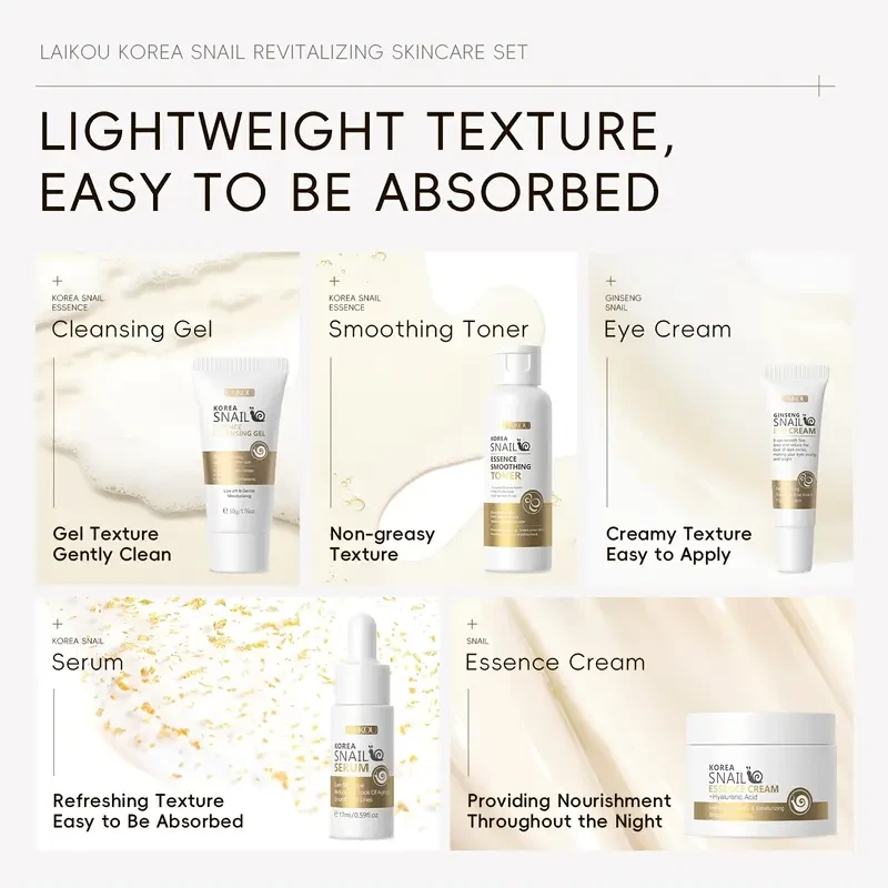 5pcs & 10pcs Korean Snail Revitalizing Skincare Set, Unisex Adult Moisturizing Essence, Serum, Cleansing Gel & Cream, Formaldehyde-Free, with Glycerin Infused for All Skin Types, Enhances Elasticity & Brightens Complexion
