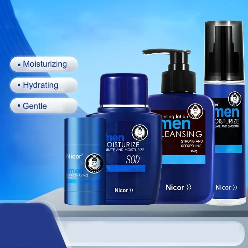 Nicor Men's 4pcs Skincare Set - Hydrating Face Wash, Moisturizing Cream, Toner & Shaving Stick, Day & Night Care, Cleansing & Hydration for All Skin Types with Collagen, Hypoallergenic & Paraben-Free, Skin Care Accessories