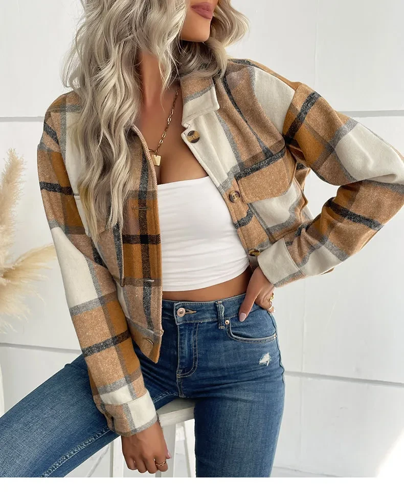 Plaid Lapel Cropped Jacket With Pockets Fashion Button Long Sleeve Short Outwear Tops Coat For Womens Clothing