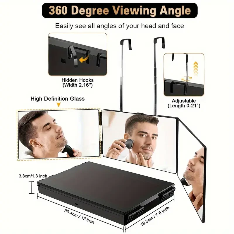 3 Way Mirror for Self Hair Cutting 360 Viewing Angle Self Hair Cutting Mirror, Clear Anti-Fog HD Glass