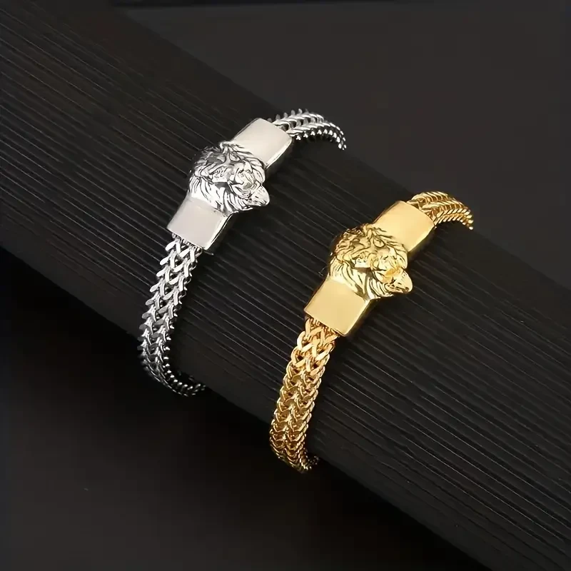 1pc Fashion Stainless Steel Domineering Lion Head Animal Bracelet Men's Trend Hip Hop Punk Rock Jewelry Gift