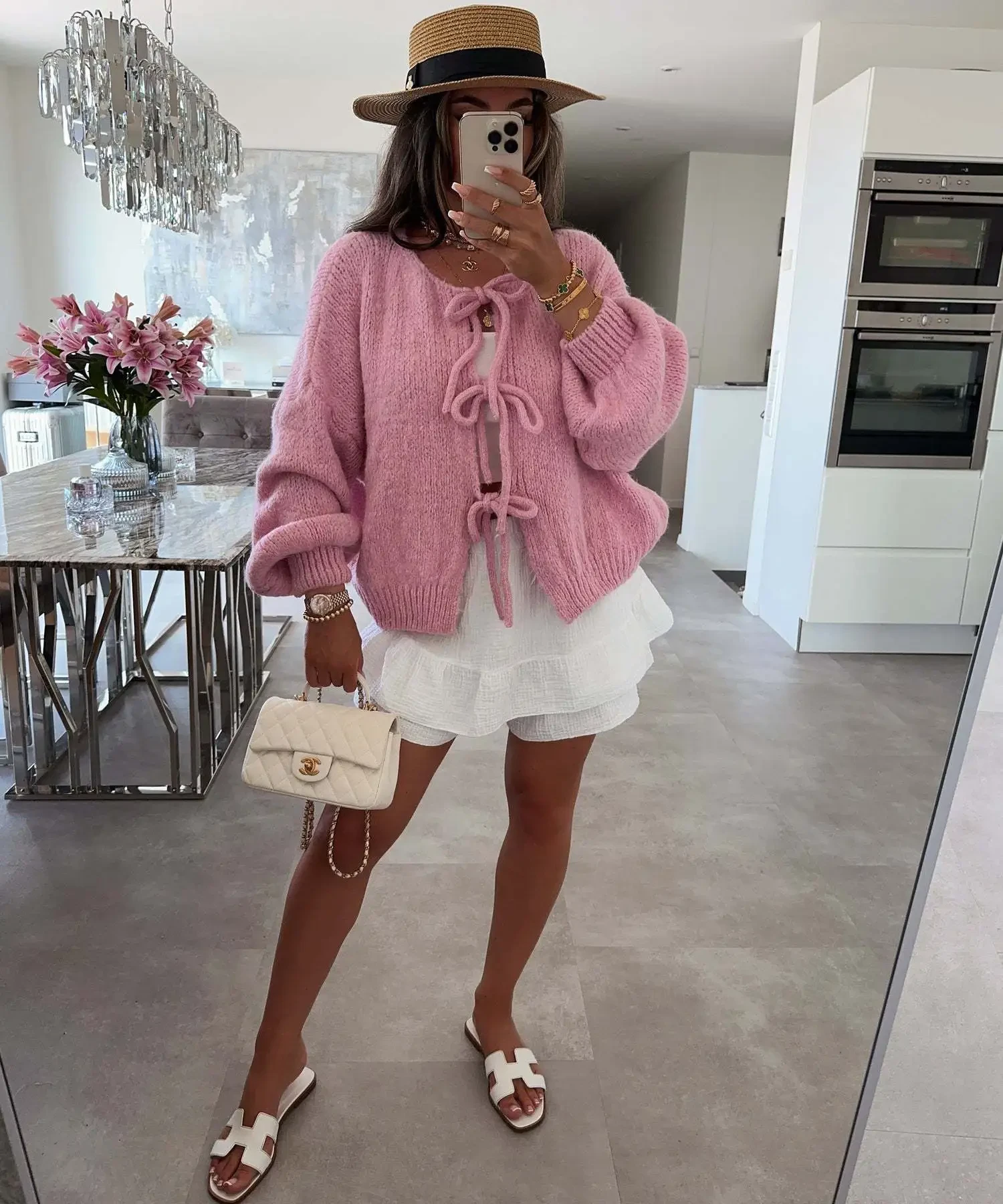 Casual Knitted Bow Lace Up Cardigan Women Solid O-neck Short Sleeve Hollow Out Sweater Female Autumn Lady Solid Streetwear