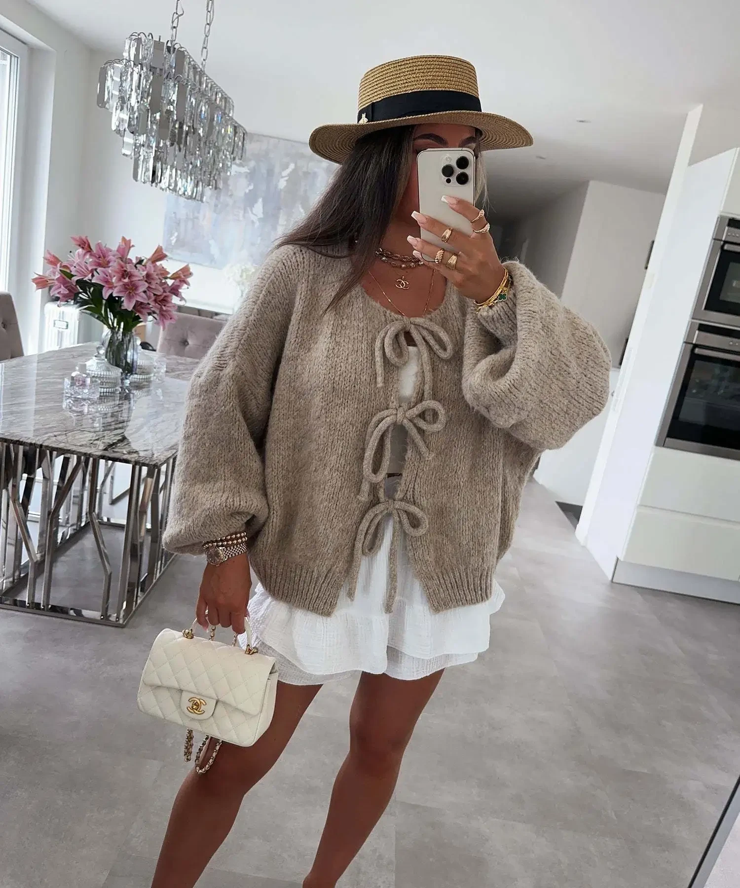 Casual Knitted Bow Lace Up Cardigan Women Solid O-neck Short Sleeve Hollow Out Sweater Female Autumn Lady Solid Streetwear