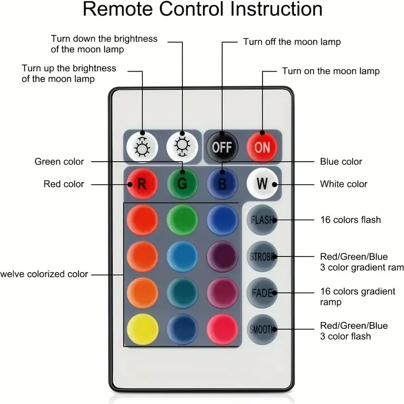 3D Printed Moon Lamp with Bracket and Remote Control - USB Plug-in, 16 Colors LED Night Light