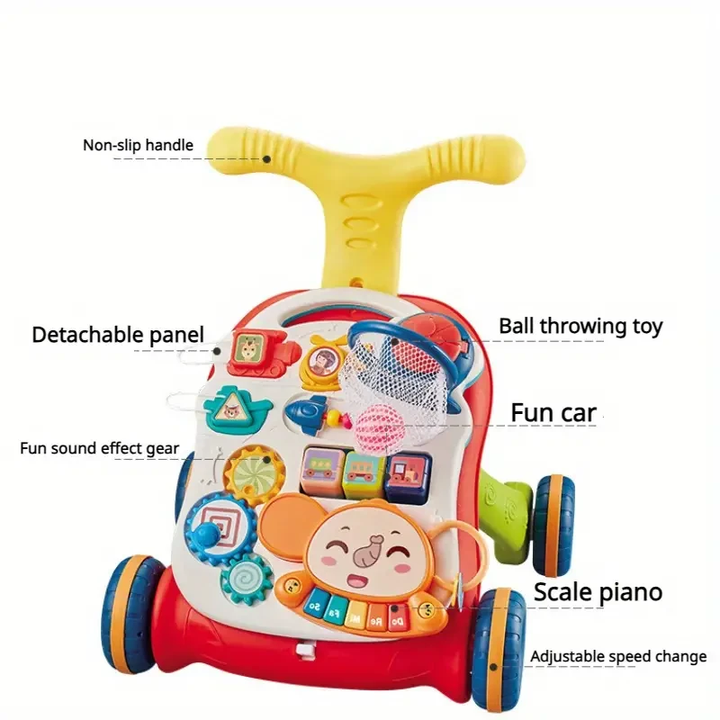 2-in-1 Sit-to-Stand Baby Walker and Activity Center - Early Educational Toy with Adjustable Speed, Detachable Play Panel, Non-Slip Handle, and Ball Throwing Feature for Infants and Toddlers 0-3 Years Old