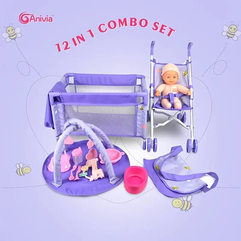 ANIVIA 5PCs Baby Doll Stroller Set - Baby Doll Accessories Set Includes Doll Stroller/Doll Crib/Play Mat/Feeding Toy/Diaper Bag, Nursery Role Play Set (27.94cm Doll Included), Halloween, Christmas, gift