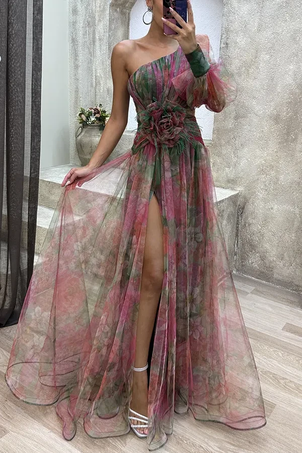 Mesh Tie-dye Printed Off-shoulder Slit Dress Summer INS Fashion Long Dress Party Womens Clothing