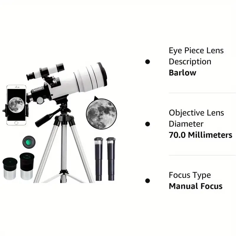 F30070 High-powered Deep Sky Stargazing Astronomical Telescope With 150-fold Magnification 300mm Focal Length, 70mm Large Objective, Suitable For Outdoor Camping, Travel, Astronomy Observation