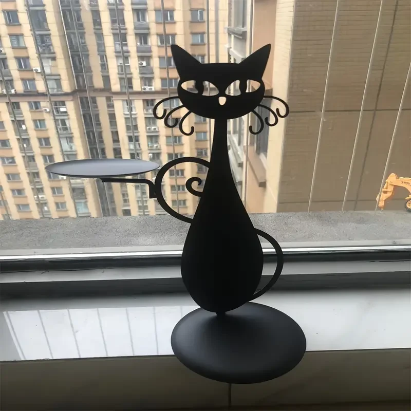 1pc Whimsical Black Metal Cat Candle Holder