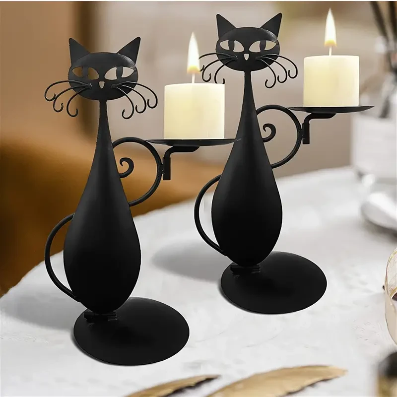 1pc Whimsical Black Metal Cat Candle Holder