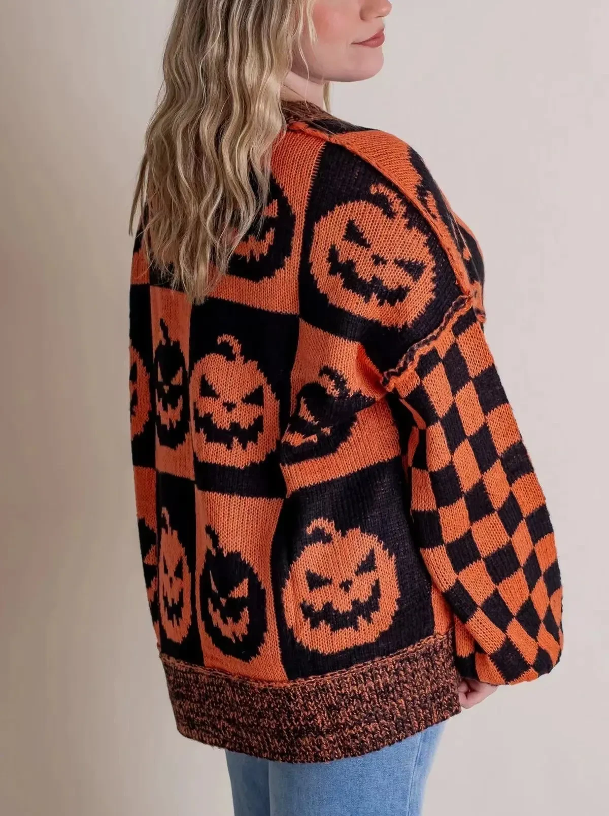 Halloween Cartoon Pumpkin Ghost Sweater Winter Loose Pullover Knitted Top Fashion Women's Clothing