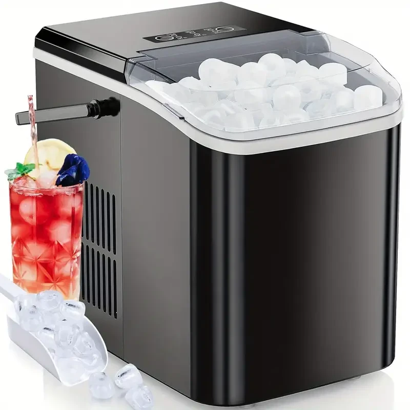 DUMOS Portable Countertop Ice Maker - Self-Cleaning, 9 Cubes in 6 Mins, 26.5lbs/24Hrs, with Ice Scoop, Basket, and Handle