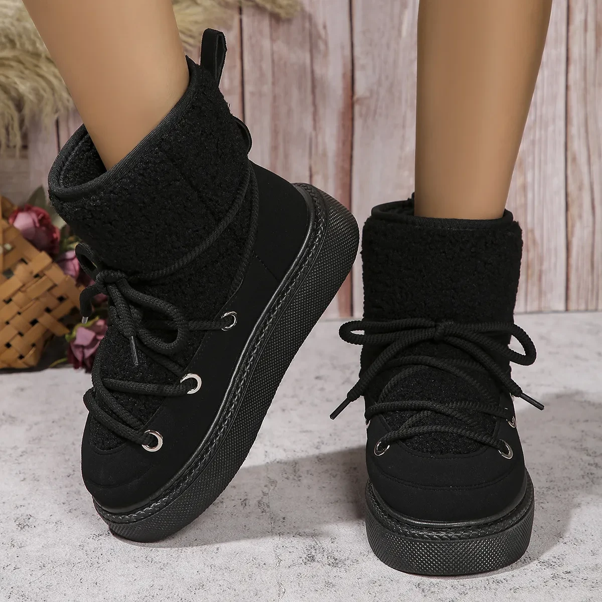 Lace-up Snow Boots Winter Flat Thick-soled Height-enhancing Cotton Shoes