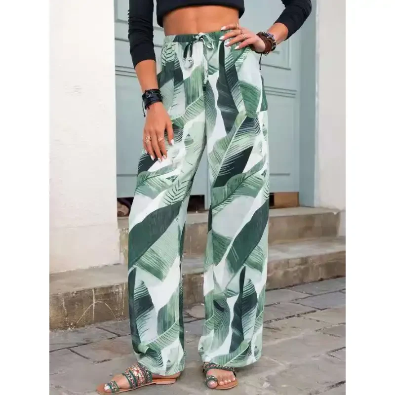 Leaf Print Drawstring Beach Pants