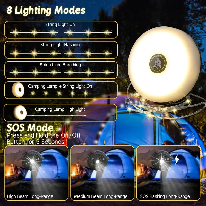 Camping String Lights, 2in 1 Outdoor Portable Stowable String Light with 5 Lighting Modes