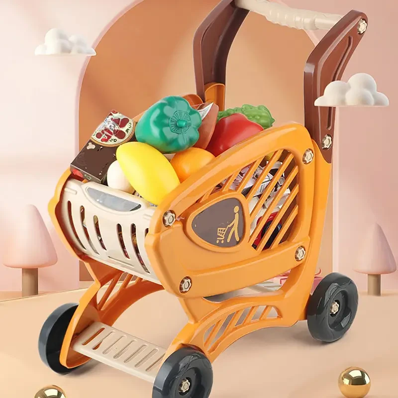 Kids' Play Supermarket Shopping Cart Toy - Perfect Christmas Gift for Ages 3-6, Includes Fruits & Vegetables, Blue, Batteries Not Included