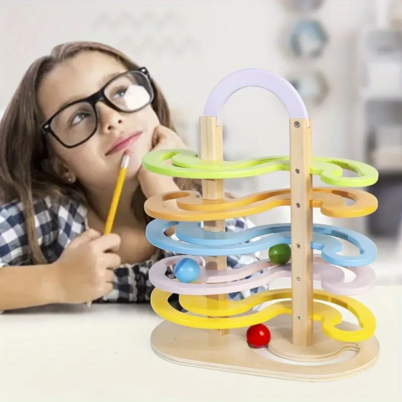 Youngsters' Wooden Marble Run Track Set - Enhances Hand-Eye Coordination & Focus | Educational Toy for Boys & Girls | Perfect Gift for Halloween, Christmas, Thanksgiving | Purple/Green/Blue/Yellow