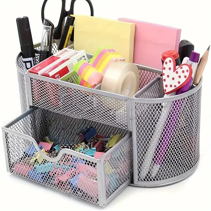 Pen Holder Mesh Desk Tidy Desktop Stationery Organizer with Drawer