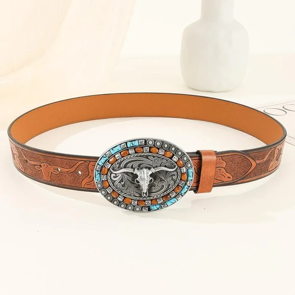 Men's Vintage Embossed Western Cowhide Leather Belt