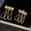Metal mesh zircon chain tassel earrings