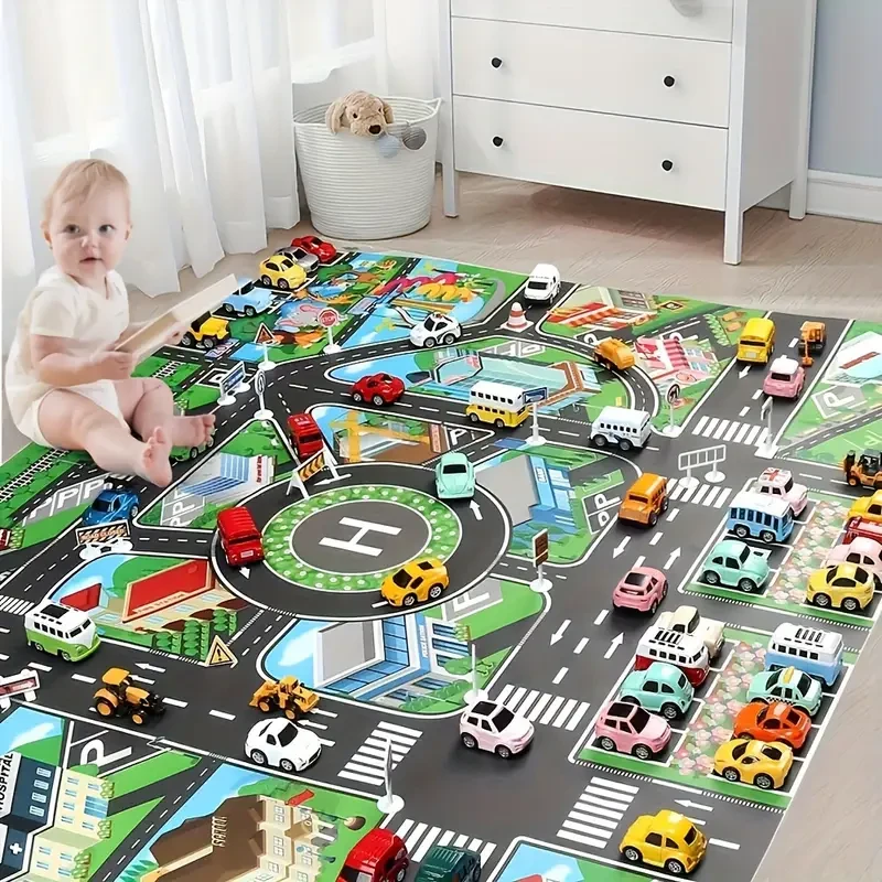City Traffic Play Mat - Large Non-Woven Waterproof Interactive Road Map for Kids