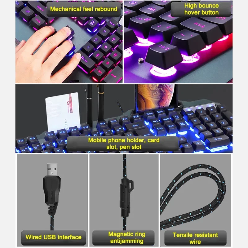 ErgonomicWired Gaming Keyboard with RGB Backlight Phone Holder