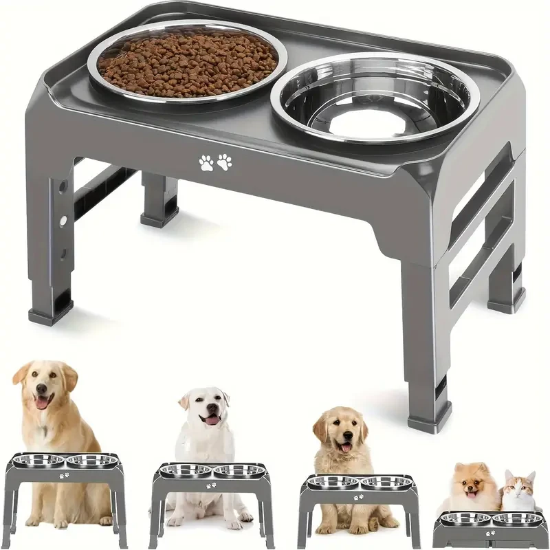 4-Height Adjustable Elevated Dog Bowls Stand  2 Stainless Steel Bowls for Large & Medium Dogs