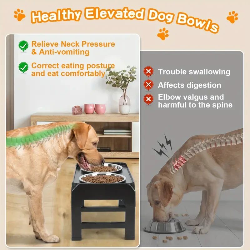 4-Height Adjustable Elevated Dog Bowls Stand  2 Stainless Steel Bowls for Large & Medium Dogs