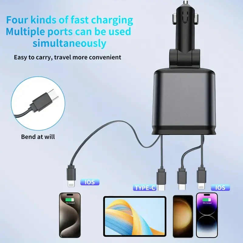 W&O 4-in-1 Retractable Car Charger High-Power Adapter with USB & Type-C Ports