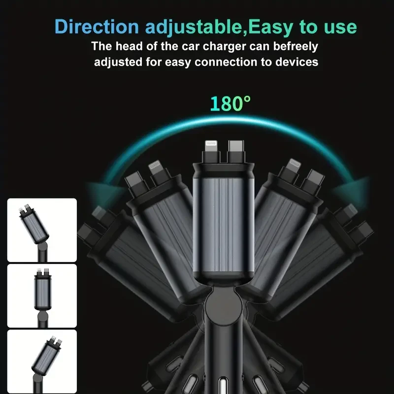 W&O 4-in-1 Retractable Car Charger High-Power Adapter with USB & Type-C Ports