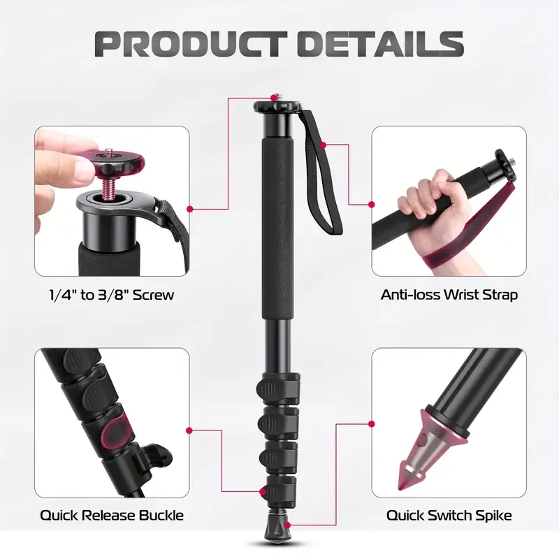 61-Inch Aluminum Monopod, Adjustable Photography Tripod with Gear Head, Lightweight and Portable Camera Accessory for Canon, Nikon, Sony Mirrorless & DSLR Cameras, Professional Video Equipment