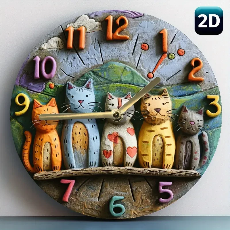 Decorative 2D 8 Inch Whimsical Adorable Cats Quartz Wall Clock -  Perfect Gift for Cat Lovers
