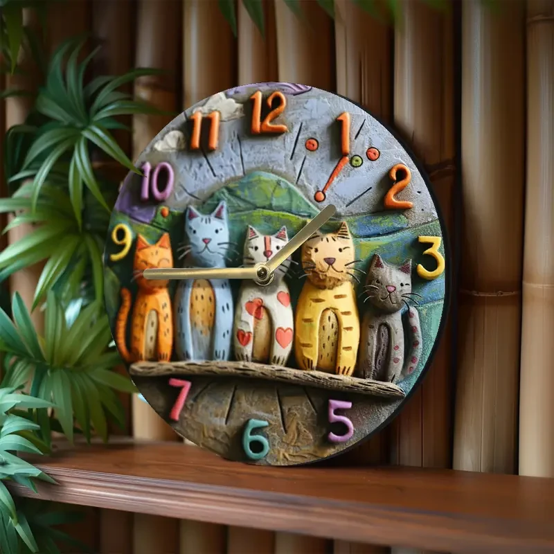Decorative 2D 8 Inch Whimsical Adorable Cats Quartz Wall Clock - Perfect Gift for Cat Lovers