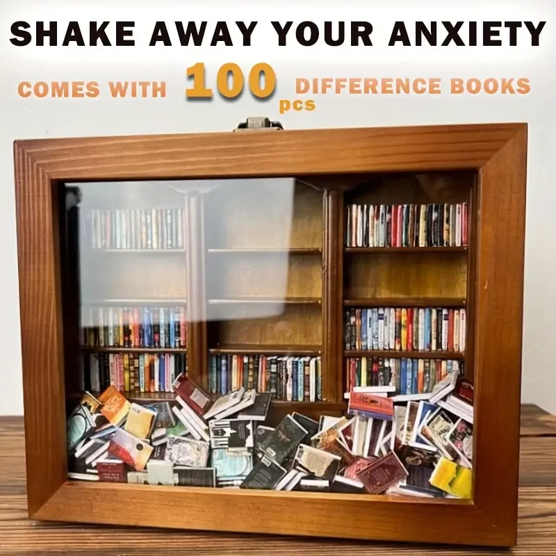 3D Wooden Bookshelf Miniature with 100 Mini Books - Rustic Shaker Decor