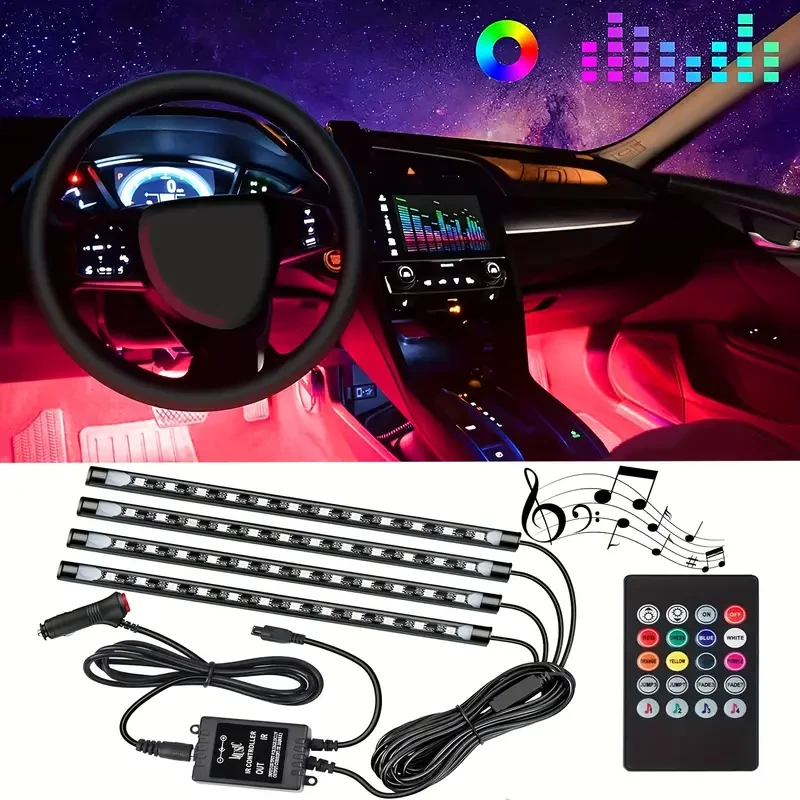 4PCS 48-LED Music Car Strip Light Kit Sound Active & Wireless Remote