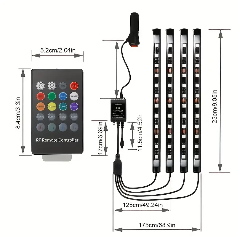 4PCS 48-LED Music Car Strip Light Kit Sound Active & Wireless Remote