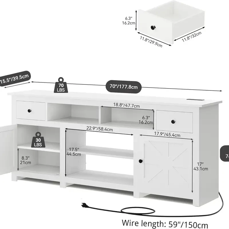Farmhouse TV Stand for TVs up to 80 Inch - Modern 70" Entertainment Center with Storage Cabinets and Drawers
